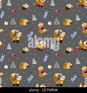 Natale modello senza giunture con carini cartoni animati boschi animali. Volpi, gufi e conigli su sfondo grigio. Illustrazione vettoriale. Illustrazione Vettoriale