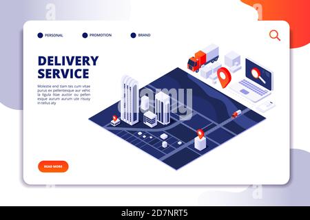 Concetto di erogazione isometrica. App per telefono cellulare per servizi logistici di trasporto e camion. Pagina di destinazione vettore. Immagine della pagina isometrica del servizio di consegna Illustrazione Vettoriale