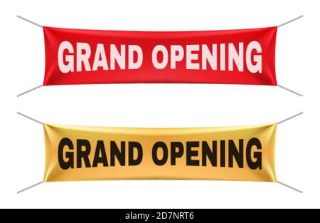 Grandi striscioni di apertura. Set mockup in tessuto pensile Vector gold Red realistico. Annuncio per l'illustrazione grande aperta di affari. Grande banner aperto, materiale per cerimonie satinato Illustrazione Vettoriale