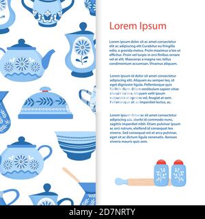 Banner vettoriale con dima in ceramica blu. Illustrazione di ceramica blu porcellana, utensili da cucina gzhel Illustrazione Vettoriale
