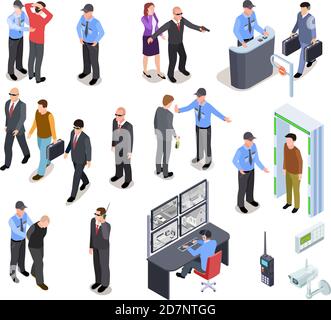 Concetto isometrico del sistema di sicurezza. Personale di polizia sicuro checkpoint accesso attrezzature, guardia personale, identità criminale. set vettoriale 3d. Illustrazione del punto di controllo per la verifica e l'ispezione Illustrazione Vettoriale
