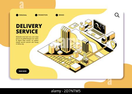 Concetto isometrico di erogazione. Servizio di logistica e magazzino spedizioni con camion, imballaggio e mappa della città. Pagina di destinazione vettore dell'applicazione Telefono. Indicatore di consegna espresso, illustrazione dell'ordine di esportazione della spedizione Illustrazione Vettoriale