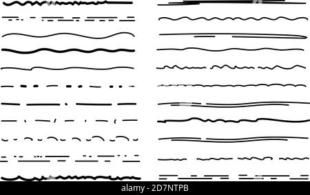 Sottolineature dello schizzo. Linee del pennello a penna con campitura, tratti a matita con texture. Tracciare i bordi dei marcatori. Set di vettori sottolineati con gesso fatti a mano. Illustrazione sottolineatura di schizzo, evidenziatura della striscia a penna di disegno a vernice Illustrazione Vettoriale