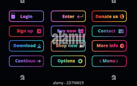 Pulsanti di azione gradiente. Pulsante al neon glow frame al buio per app di shopping e banner con continua, opzioni di acquisto icone set vettoriale. Illustrazione del banner al neon glow, ulteriori informazioni, Acquista ora Illustrazione Vettoriale