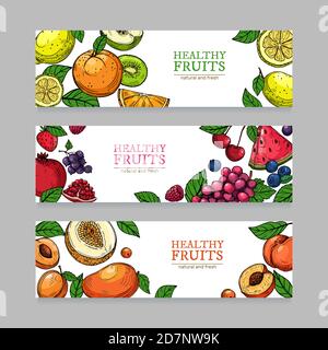 Striscioni di frutti di bosco e frutta. Cartone animato arancio mango, melone kiwi, banana limone fresco giardino biologico. Set di banner vettoriali orizzontali. Illustrazione di carte dolci di frutta e bacche Illustrazione Vettoriale