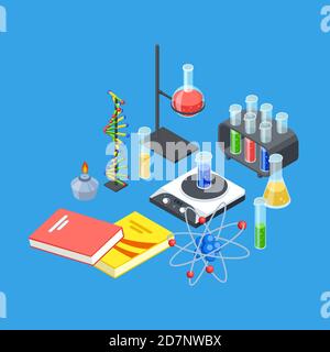 Apparecchiatura chimica isometrica. Provette e becher per test vettoriali, modello Atom e dna. Illustrazione del laboratorio di ricerca chimica, esperimento isometrico scientifico Illustrazione Vettoriale