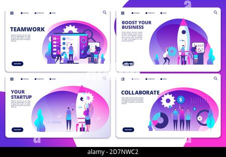 Avvio, lavoro di gruppo, collaborare modelli di landing page vettoriali. Illustrazione del lavoro di squadra e della collaborazione, persone di successo Illustrazione Vettoriale