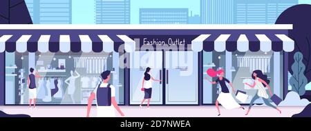 Boutique all'aperto. Outlet di moda con negozio di manichini in vetrine e ragazze che camminano lungo la strada. Concetto di consumismo vettoriale. Illustrazione del negozio outlet boutique, vendita al dettaglio di moda Illustrazione Vettoriale