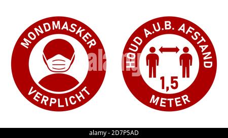 Icone in olandese Mondmasker verplicht (maschere facciali richieste) e Houd a.u.b. afstand (si prega di mantenere la distanza) 1,5 metri. Immagine vettoriale. Illustrazione Vettoriale