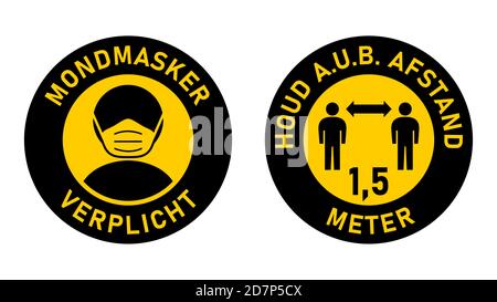 Icone in olandese Mondmasker verplicht (maschere facciali richieste) e Houd a.u.b. afstand (si prega di mantenere la distanza) 1,5 metri. Immagine vettoriale. Illustrazione Vettoriale