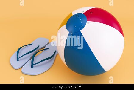 Beach ball e Beach pantofole 3d rendering illustrazione su sfondo giallo. Concetto di vacanza estiva. Foto Stock