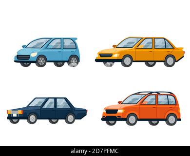 Set di quattro diverse auto retrò e moderna città automobilistica illustrazione vettoriale piatta Illustrazione Vettoriale