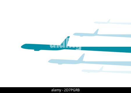 Vista dall'alto delle silhouette blu volanti dei grandi aeroplani bianchi per passeggeri illustrazione vettoriale piatta Illustrazione Vettoriale