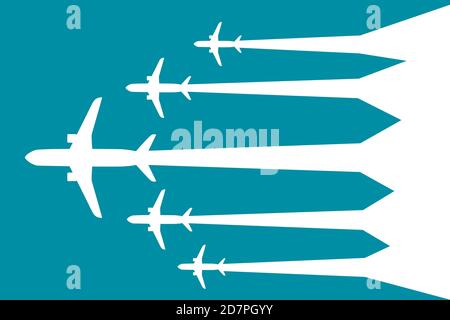 Vista dall'alto delle silhouette bianche volanti dei grandi aeroplani bianchi per passeggeri illustrazione vettoriale piatta Illustrazione Vettoriale