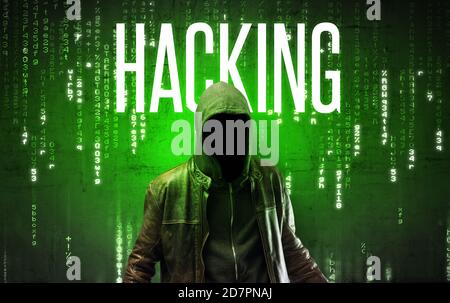 Hacker senza volto con iscrizione HACKING, concetto di hacking Foto Stock