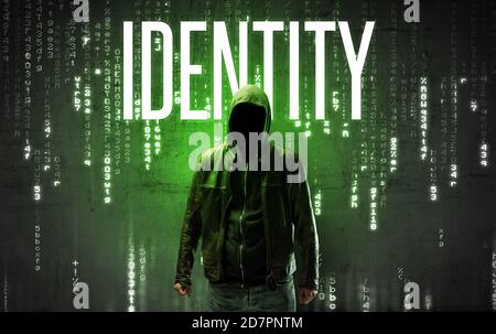 Hacker senza volto con ISCRIZIONE DI IDENTITÀ, concetto di hacking Foto Stock