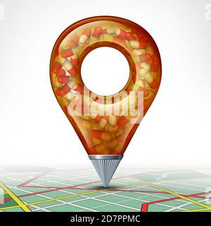 Puntatore di posizione medica come flacone di pillola a forma di perno di ricerca come un farmaco e farmacia o rendering 3D farmaceutico. Foto Stock