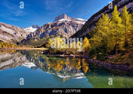 Riflesso delle montagne e larve autunnali in Lac de Derborence, Canton Vallese, Svizzera Foto Stock
