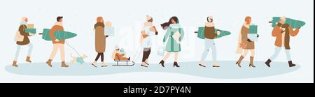 Persone con regali di Natale illustrazione vettoriale. Cartoon donna uomo personaggi che trasportano borse e scatole presenta, albero di Natale per casa festa natale celebrazione delle vacanze invernali isolato su bianco Illustrazione Vettoriale