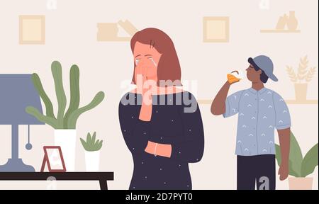 Illustrazione del vettore della dipendenza alcolica della birra. Cartone animato infelice depresso personaggio madre piangendo a causa di un giovane figlio adolescente bere birra alcol da bottiglia, problema di alcolismo in background familiare Illustrazione Vettoriale