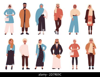 Insieme di illustrazioni vettoriali di moda mussulmani. Cartoon Flat Arabo alla moda abiti moderni per uomo e donna musulmana, personaggi femminili in hijab, abiti arabi sauditi maschili isolati su bianco Illustrazione Vettoriale