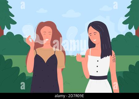 Illustrazione del vettore di fumo delle ragazze. Cartone animato giovane fumatore donna amici gruppo che tiene sigarette, simpatici personaggi femminili fumando tabacco o marijuana in estate verde natura paesaggio sfondo Illustrazione Vettoriale