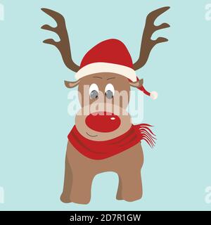 Carina renna con cappello di Natale e sciarpa rossa isolato su sfondo blu. Natale e Capodanno. Spazio di copia per testo o disegno Illustrazione Vettoriale