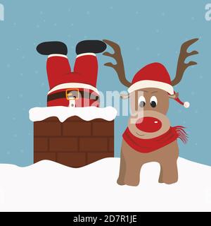 Babbo Natale bloccato nel camino e renne sul tetto coperto di neve. Natale e Capodanno. Spazio di copia per testo o disegno Illustrazione Vettoriale