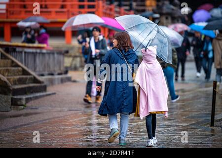 Kyoto, Giappone - 10 aprile 2019: Persone famiglie turisti con ombrelloni a piedi in entrata durante la giornata piovosa nel tempio Kiyomizu-dera Foto Stock