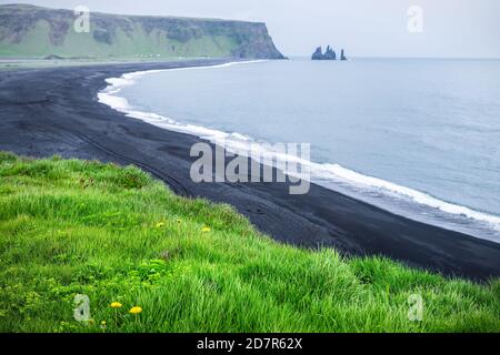 Myrdal, Islanda, vista della spiaggia di sabbia nera di Reynisfjara e formazioni rocciose vulcaniche con la costa costiera e le onde che si infrangono con il verde lussureggiante pl Foto Stock