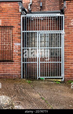 Barre di sicurezza metalliche della griglia su una porta posteriore di a. negozio Foto Stock