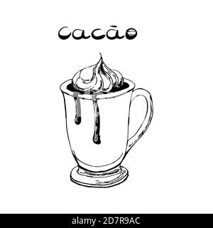 Un bicchiere di cacao. Immagine in bianco e nero nello stile della grafica disegnata a mano. Illustrazione vettoriale, schizzo Illustrazione Vettoriale