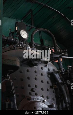 Locomotiva a vapore le valvole di comando del display al B&O Railroad Museum, Baltimore, Maryland, Stati Uniti d'America. Foto Stock