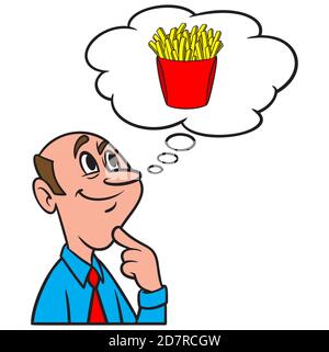 Pensare a French Fries - un fumetto di un uomo che pensa a French Fries. Illustrazione Vettoriale