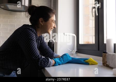 Sorridente donna indiana pulizia contatore cucina con tovagliolo Foto Stock