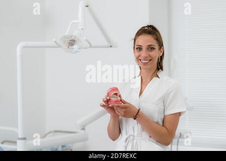 la ragazza tiene il dentista tiene in mano a. modello della ganascia con bretelle Foto Stock