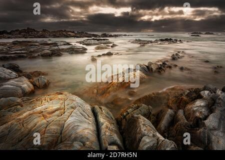 Costa selvaggia e frastagliata a Nelson Bay nell'area protetta Arthur Pieman. Foto Stock