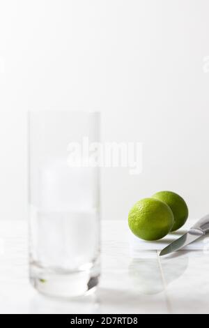 Vetro con cubetti di ghiaccio, un coltello e due lime. Preparazione tonica gin su sfondo bianco Foto Stock