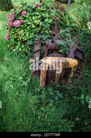 Trattore Anzani abbandonato in un giardino in crescita Foto Stock