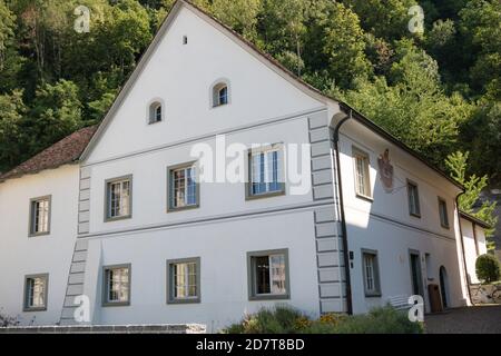 Vaduz, Liechtenstein, 16 agosto 2018:- una casa nel centro di Vaduz, la capitale del Liechtenstein Foto Stock