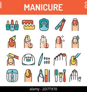 Procedure di manicure e pedicure set di icone a righe di colore. Illustrazione Vettoriale