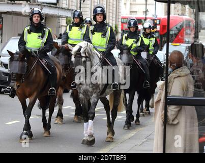 Testa di polizia montata lungo Whitehall.con un certo numero di dimostrazioni previste che hanno luogo nella capitale questo fine settimana, la polizia metropolitana ha mobilitato personale da tutti i quartieri. Gruppo di supporto territoriale (TSG) l'unità operativa per l'ordine pubblico del MET, ha montato la polizia, le moto e altri veicoli più un gran numero di ufficiali a piedi. Foto Stock