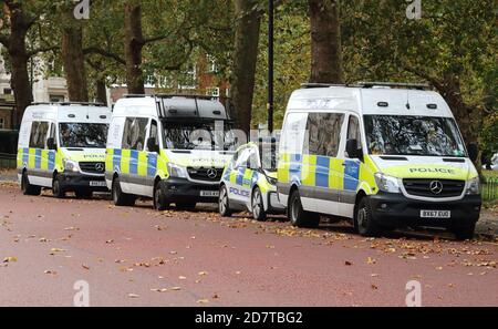 I furgoni e le automobili della polizia metropolitana sono parcheggiati su Horseguards Road dietro Whitehall, preparati per le dimostrazioni di marzo. Con un certo numero di dimostrazioni previste che hanno luogo nella capitale questo fine settimana, la polizia metropolitana ha mobilitato personale da tutti i quartieri. Gruppo di supporto territoriale (TSG) l'unità operativa per l'ordine pubblico del MET, ha montato la polizia, le moto e altri veicoli più un gran numero di ufficiali a piedi. Foto Stock