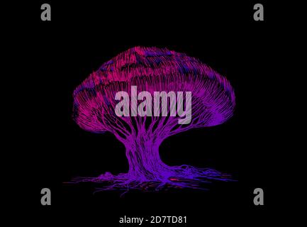 Albero psichedelico surreale luminoso, sfumatura colorata di colore rosa viola, isolato su sfondo nero. Illustrazione Vettoriale