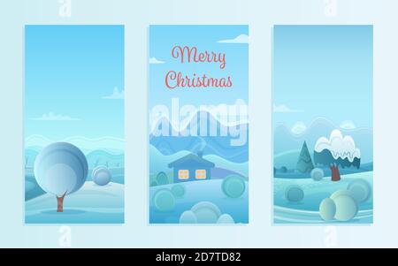 Natale paesaggio natura insieme di illustrazione vettoriale. Cartoon piano gelo scenario per la stagione invernale, Natale e Capodanno vacanze con case villaggio sotto la neve su colline innevate, palle di neve sfondo Illustrazione Vettoriale