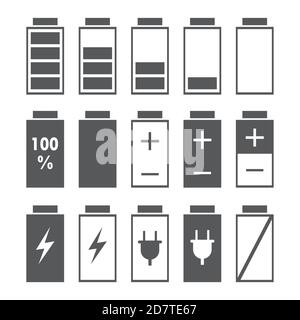 Icone dell'indicatore della batteria, isolate su sfondo bianco Illustrazione Vettoriale