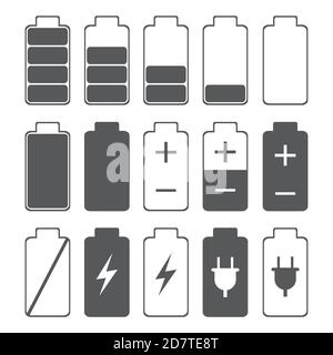 Icone dell'indicatore della batteria, isolate su sfondo bianco Illustrazione Vettoriale