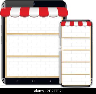 Negozio online sullo schermo del telefono e del tablet pc Illustrazione Vettoriale