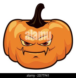 Cartone animato isolato zucca di Halloween con grandi sopracciglia e gesto arrabbiato, buccia lucida e gambo. Illustrazione Vettoriale
