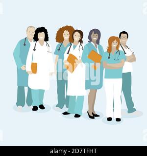 Personale medico, medico e infermiere. Vector Medical line front team, infermiere e medico, dentista e chirurgo professionale illustratio Illustrazione Vettoriale